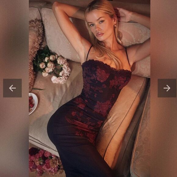 VINTAGE FLOWER PRINT MESH PANEL LACE UP BACK SLIP MAXI DRESS - BLACK - Picture 1 of 13